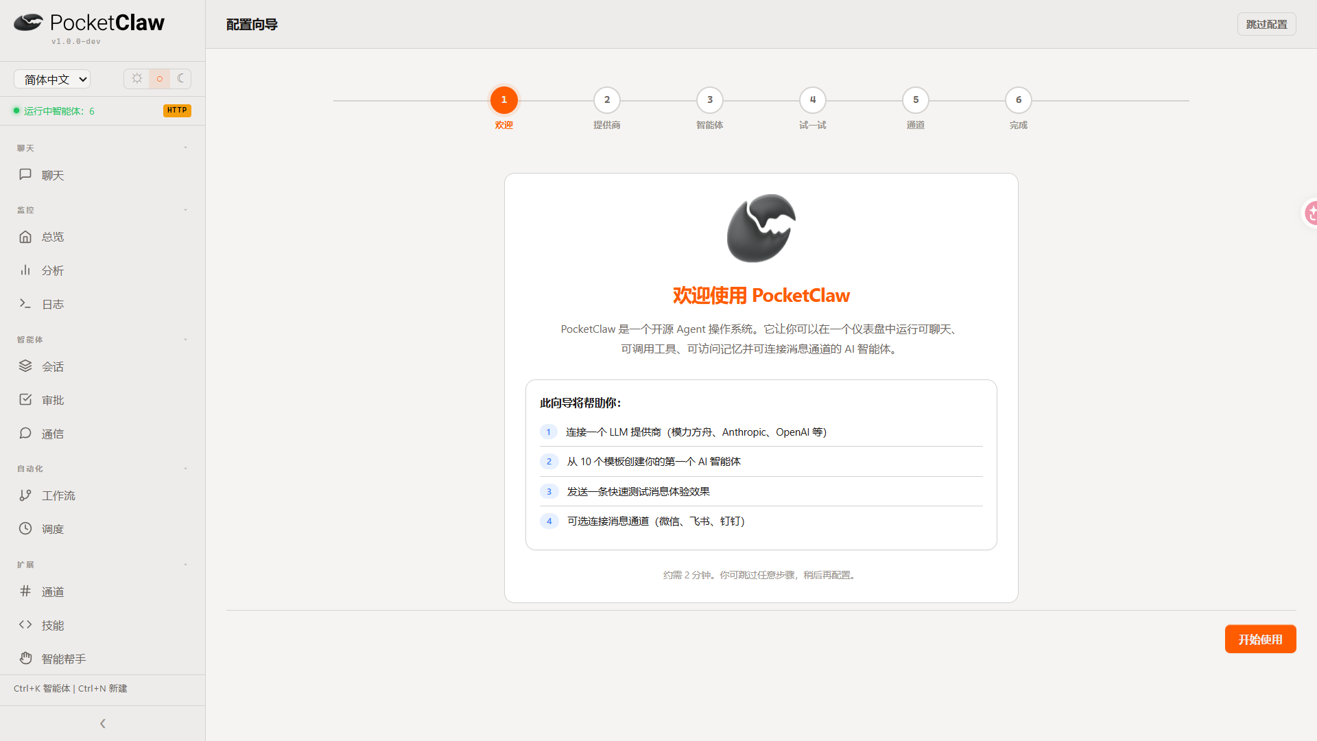 PocketClaw 向导页面